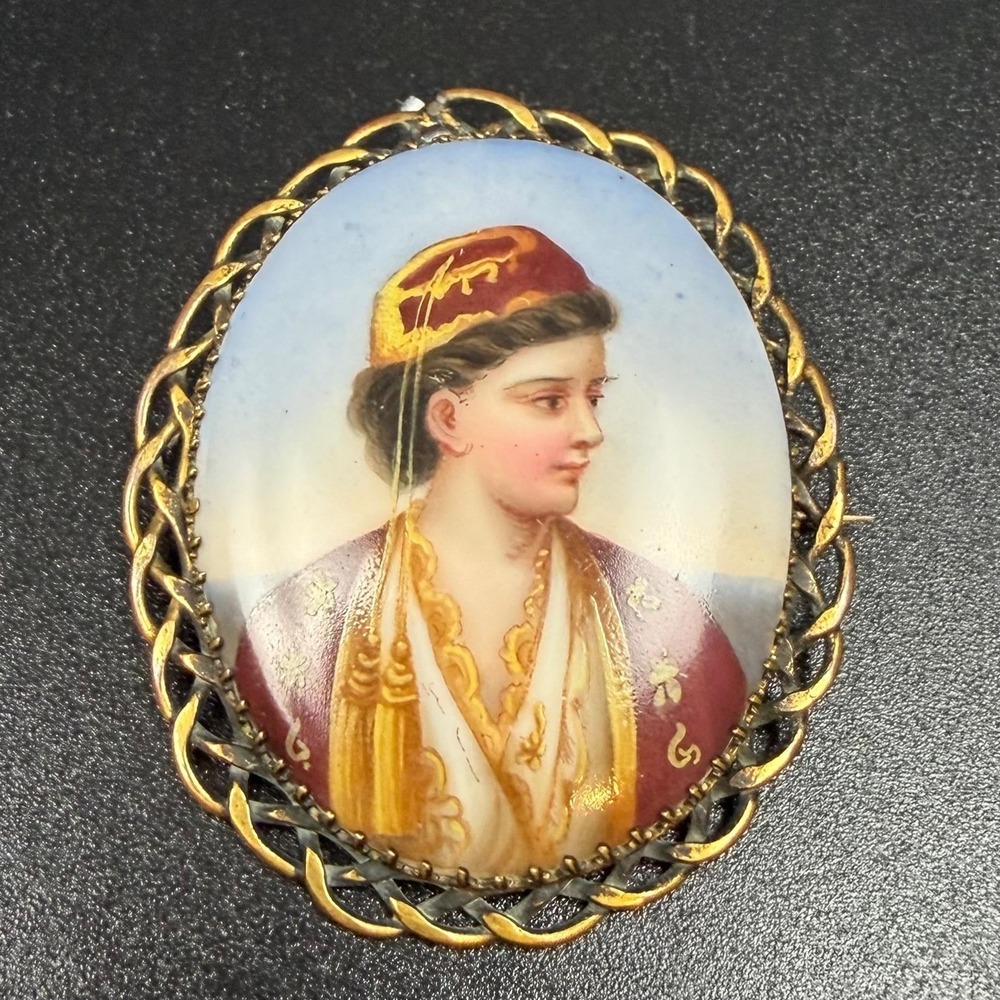 Antique Hand Painted Porcelain Portrait Brooch Woman Greek Ottoman Costume - Picture 5 of 11